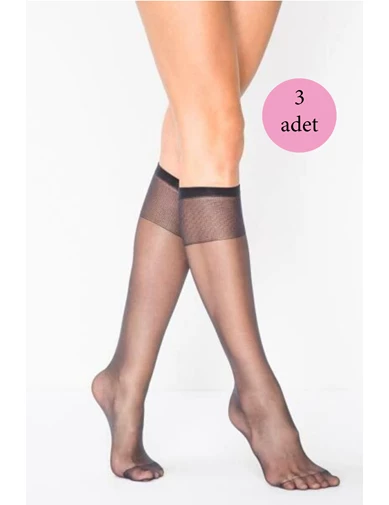 Needion - 3 Adet Kadın Diz Altı Parlak Fit 15 Denye Çorap Siyah