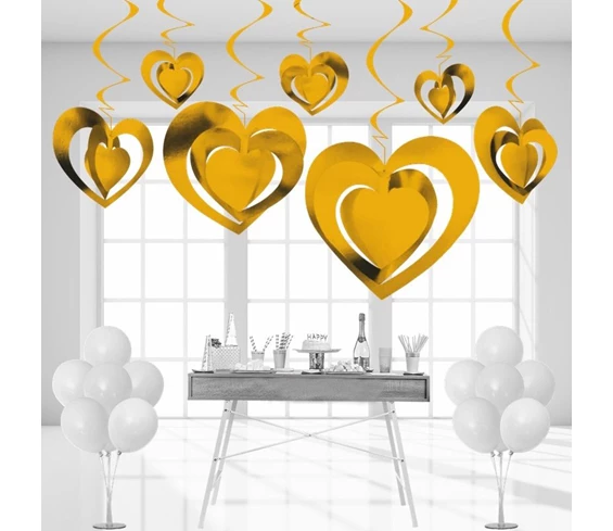 Needion - 3 Boyutlu Spiralli Altın Renk Kalp Şekilli Tavan Asma Süsü 12 Adet