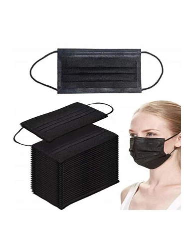 Needion - 50 Adet Siyah Tek Kullanımlık Lastikli Telli 3 Katlı Cerrahi Koruyucu Yüz Maskesi