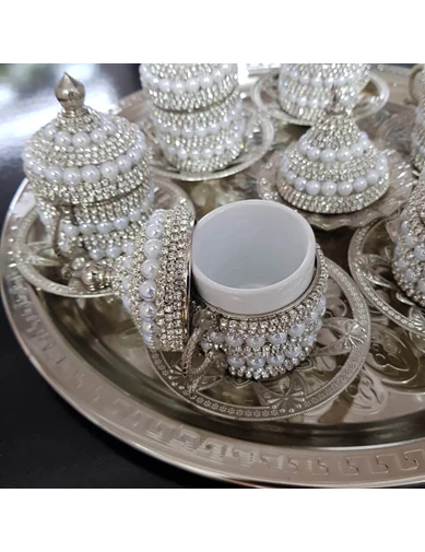 Needion - 8'Li Silver Beyaz Kristal Taşlı Lokumluk Kahve Fincanı Set
