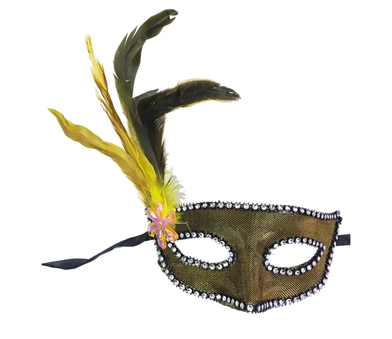 Needion - Altın Renk Kumaş Kaplama Yandan Tüylü Yılbaşı Parti Maskesi