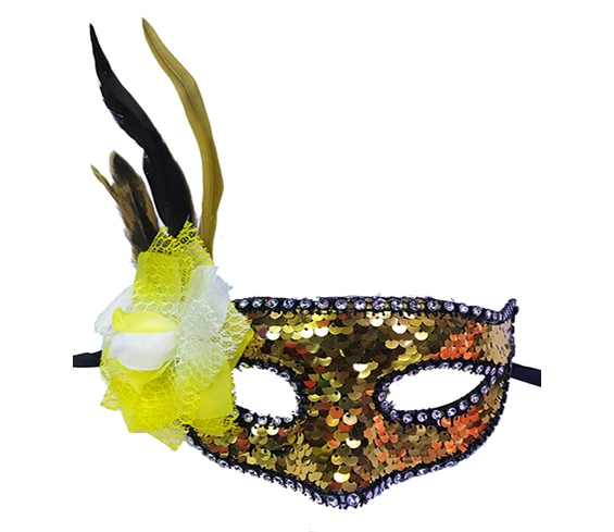 Needion - Altın Renk Yandan Tüylü Pullu Yılbaşı Parti Maskesi