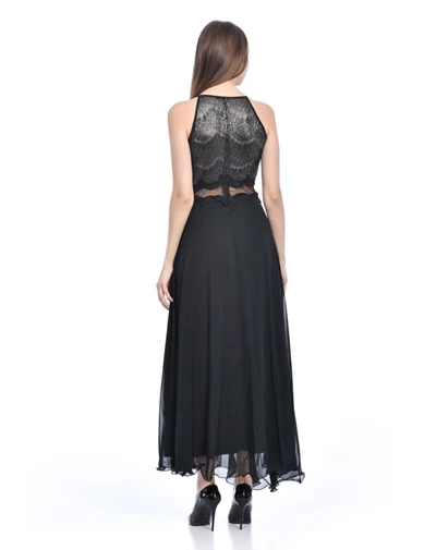 Needion - Askılı Göğüs Dantel ve Astarlı Siyah Abiye Kadın Elbise