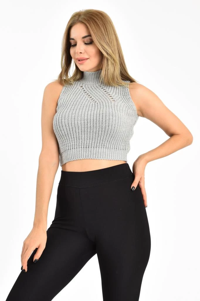 Needion - Balıkçı Yaka Kuş Gözü Desenli Gri Kadın Triko Büstiyer