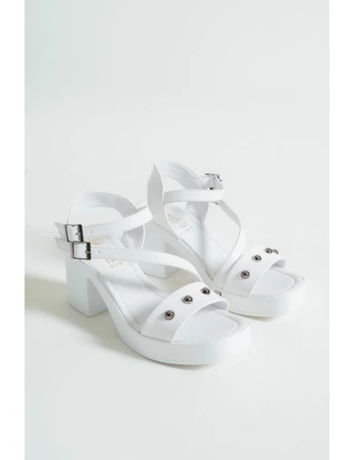 Needion - Basskan Bayan Beyaz Bilekten Bağlama Yüksek Topuklu Boncuk Detaylı Terlik&sandalet