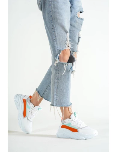 Needion - Basskan Bayan Beyaz Renk Detaylı Bağcıklı Sneaker Günlük Spor Ayakkabı Kecsp141