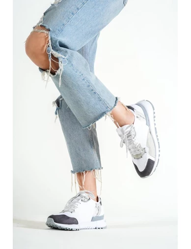 Needion - Basskan Bayan Gri Füme File Detaylı Bağcıklı Sneaker Günlük Spor Ayakkabı Kecsp130