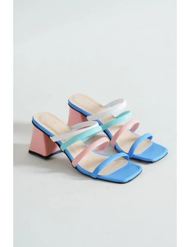Needion - Basskan Bayan Mavi Alçak Topuk 4 Lü Biye Detaylı Terlik&sandalet