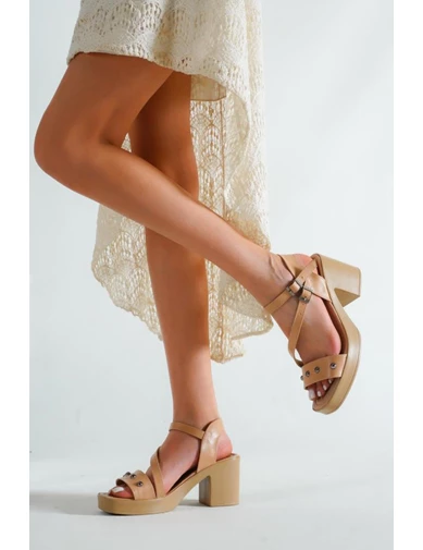 Needion - Basskan Bayan Nut Bilekten Bağlama Yüksek Topuklu Boncuk Detaylı Terlik&sandalet