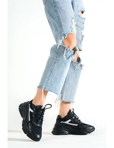 Needion - Basskan Bayan Siyah Renk Detaylı Bağcıklı Sneaker Günlük Spor Ayakkabı Kecsp141