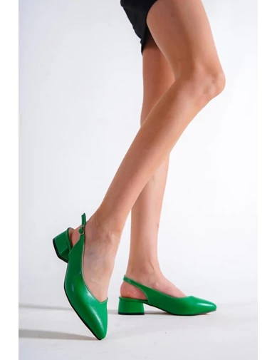 Needion - Basskan Yeşil Sivri Burun Alçak Topuk Ayakkabı