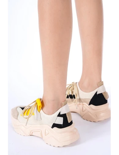 Needion - Bayan Bej Sneaker Renk Detaylı Spor Ayakkabı