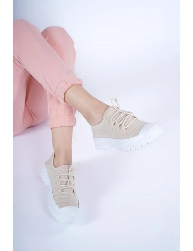 Needion - Bayan Bej Triko Sneaker Ayakkabı