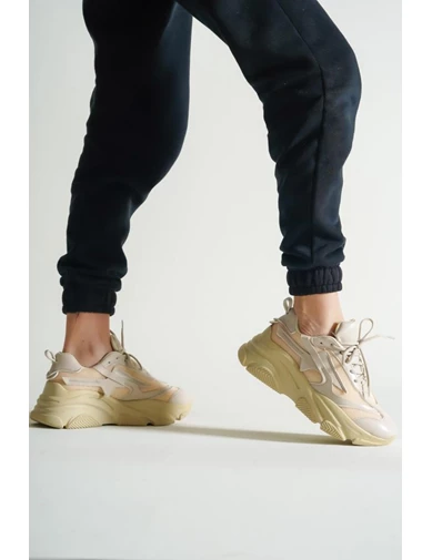 Needion - Bayan Bej Yüksek Tabanlı File Detaylı Sneaker Günlük Spor Ayakkabı Kecsp140