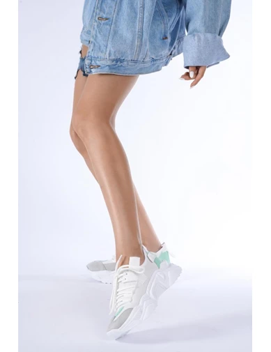 Needion - Bayan Beyaz Sneaker Renk Detaylı Spor Ayakkabı