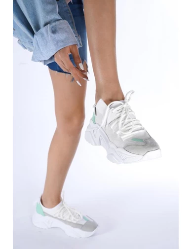 Needion - Bayan Beyaz Sneaker Renk Detaylı Spor Ayakkabı