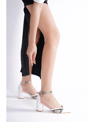 Needion - Bayan Beyaz Yılan Derisi Detaylı Alçak Topuk Bilekten Bağlamalı Ayakkabı