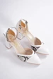 Needion - Bayan Beyaz Yılan Derisi Detaylı Alçak Topuk Bilekten Bağlamalı Ayakkabı BEYAZ 36
