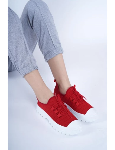Needion - Bayan Kırmızı Triko Sneaker Ayakkabı