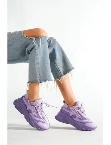 Needion - Bayan Lila Yüksek Tabanlı File Detaylı Sneaker Günlük Spor Ayakkabı Kecsp140