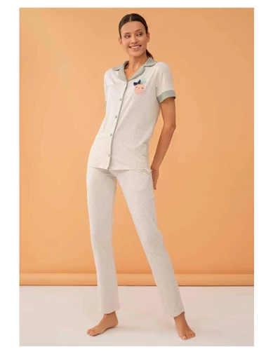 Needion - Bayan -pijama Takımı Beyaz Kısa Kollu Yeşil Yaka 2021 Yaz Sezonu - Yeni Ürün