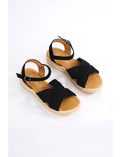 Needion - Bayan Siyah Çarpraz Bant Eva Bilekten Bağlama Sandalet