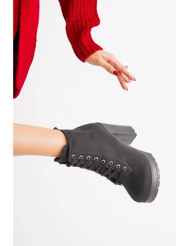 Needion - Bayan Siyah Dark Süet Bağcıklı Yüksek Topuk Ayakkabı