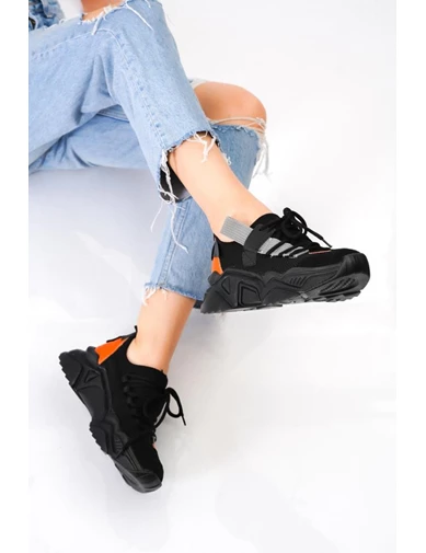 Needion - Bayan Siyah Sneaker Renk Detaylı Spor Ayakkabı