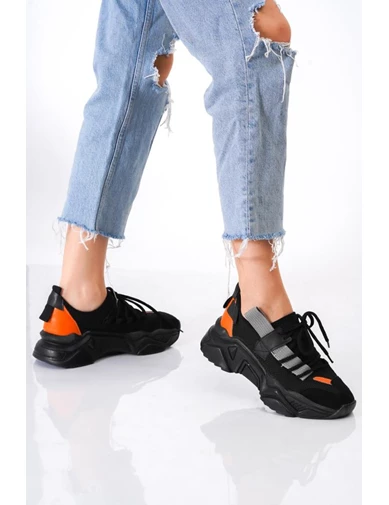Needion - Bayan Siyah Sneaker Renk Detaylı Spor Ayakkabı
