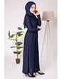 Needion - Beli Kuşaklı Çiçek Baskılı Tesettür Elbise Lacivert AZ1015LC XL 