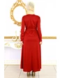 Needion - Beli Kuşaklı Önü Desenli Tesettür Elbise Bordo XL 