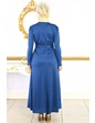 Needion - Beli Kuşaklı Önü Desenli Tesettür Elbise İndigo XL 