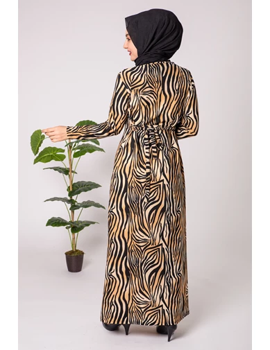 Needion - Beli Kuşaklı Zebra Desen Tesettür Elbise AZ1015KH49