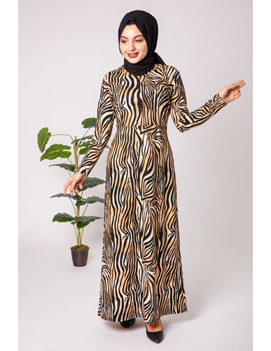 Needion - Beli Kuşaklı Zebra Desen Tesettür Elbise AZ1015KH49