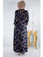 Needion - Beli Kuşaklı Zincir Desenli Tesettür Elbise FZ2012 Lacivert 15 S-M 