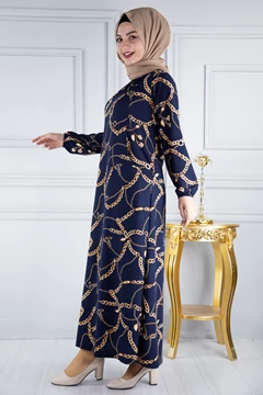 Needion - Beli Kuşaklı Zincir Desenli Tesettür Elbise FZ2012 Lacivert 15