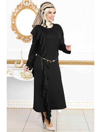 Needion - Beli Zincirli Yanları Fırfırlı Tesettür Elbise Siyah tr