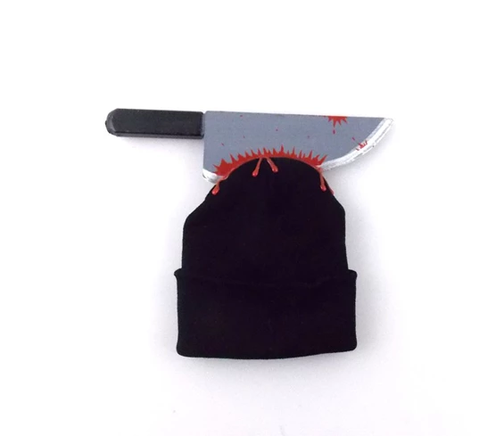 Needion - Bıçak Saplanmış Halloween Kanlı Şaka Beresi Siyah Renk