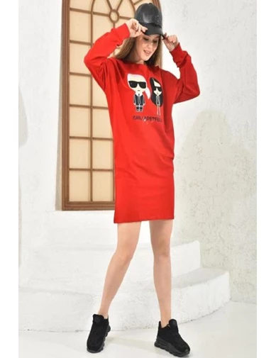 Needion - Bisiklet Yaka Taş ve Baskılı Figürlü Kırmızı Kadın Tunik Elbise