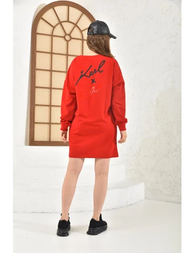 Needion - Bisiklet Yaka Taş ve Baskılı Figürlü Kırmızı Kadın Tunik Elbise