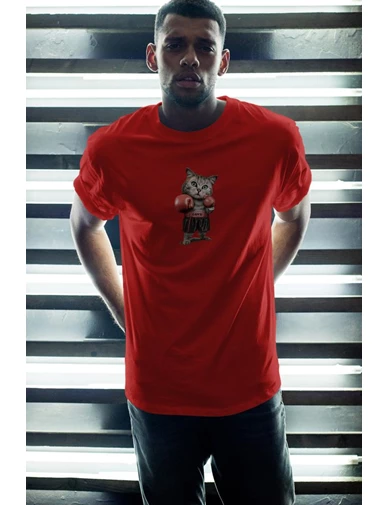 Needion - Boksör Kedi Kırmızı Erkek Oversize Tshirt - Tişört