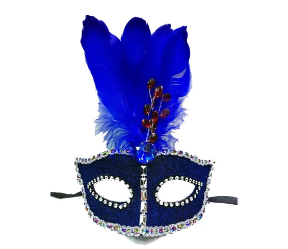 Needion - Boncuk İşlemeli Dantelli Tüylü Yılbaşı Parti Maskesi Mavi Renk