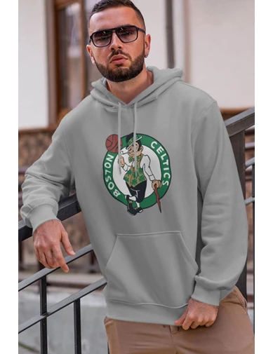 Needion - Boston Logo NBA Gri Erkek Kapşonlu Sweatshirt - Hoodie