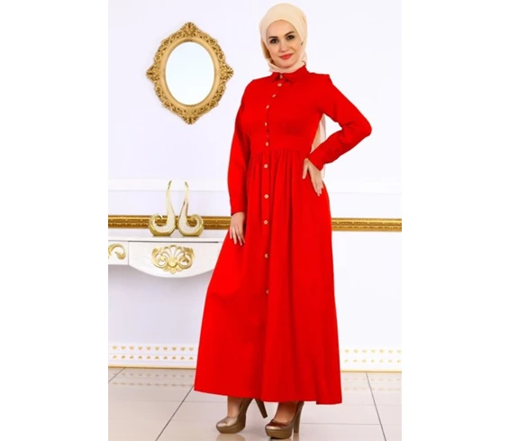 Needion - Boydan Düğmeli Gömlek Yaka Tesettür Elbise Kırmızı