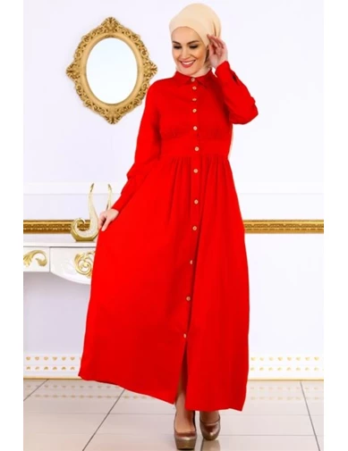 Needion - Boydan Düğmeli Gömlek Yaka Tesettür Elbise Kırmızı