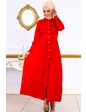 Needion - Boydan Düğmeli Gömlek Yaka Tesettür Elbise Kırmızı 38