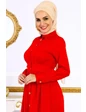 Needion - Boydan Düğmeli Gömlek Yaka Tesettür Elbise Kırmızı 38