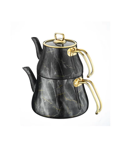 Needion - Brioni Marble Çaydanlık Siyah Mermer Desenli Cam Kapaklı 4 Parça 
