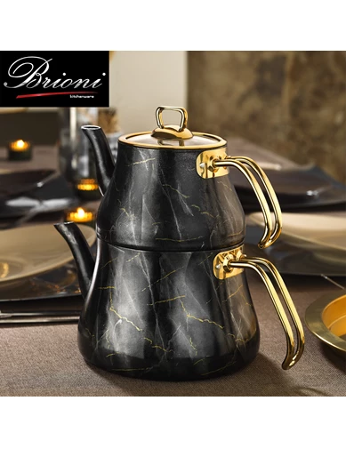 Needion - Brioni Marble Çaydanlık Siyah Mermer Desenli Cam Kapaklı 4 Parça 