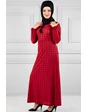 Needion - Büzgülü Kuşaklı Desenli Tesettür Elbise Kırmızı 46 